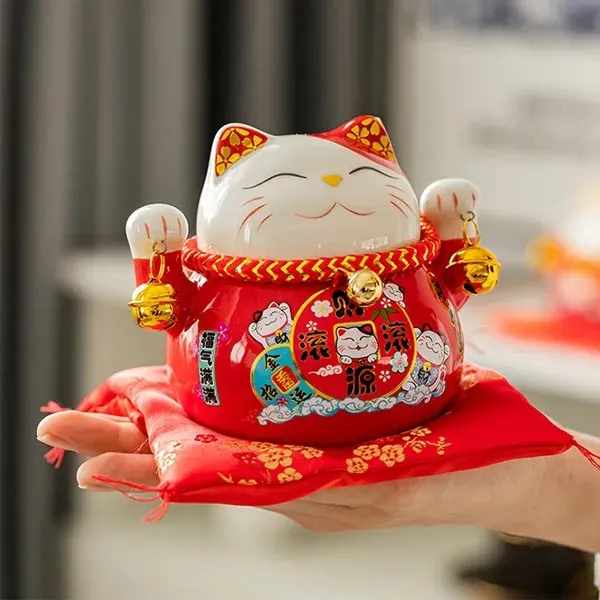 Esprit du Japon Chat Maneki Neko rouge en porcelaine