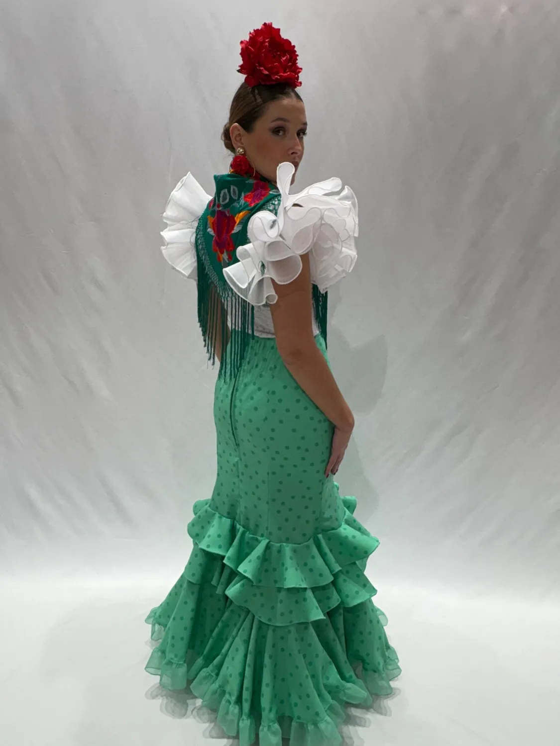 Viva la Feria Primor jupe flamenca verte à pois