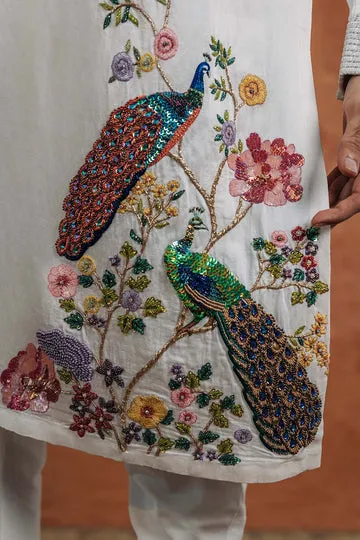 Rahul Mishra Birds Of Paradise Silk Satin Kurta kurta ivoire en soie