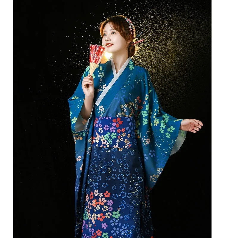 Esprit du Japon robe kimono longue satinée fleurie col V