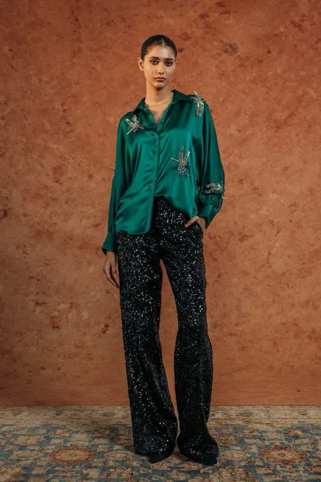 Rahul Mishra Drangonfly Silk Satin Shirt vert émeraude motif