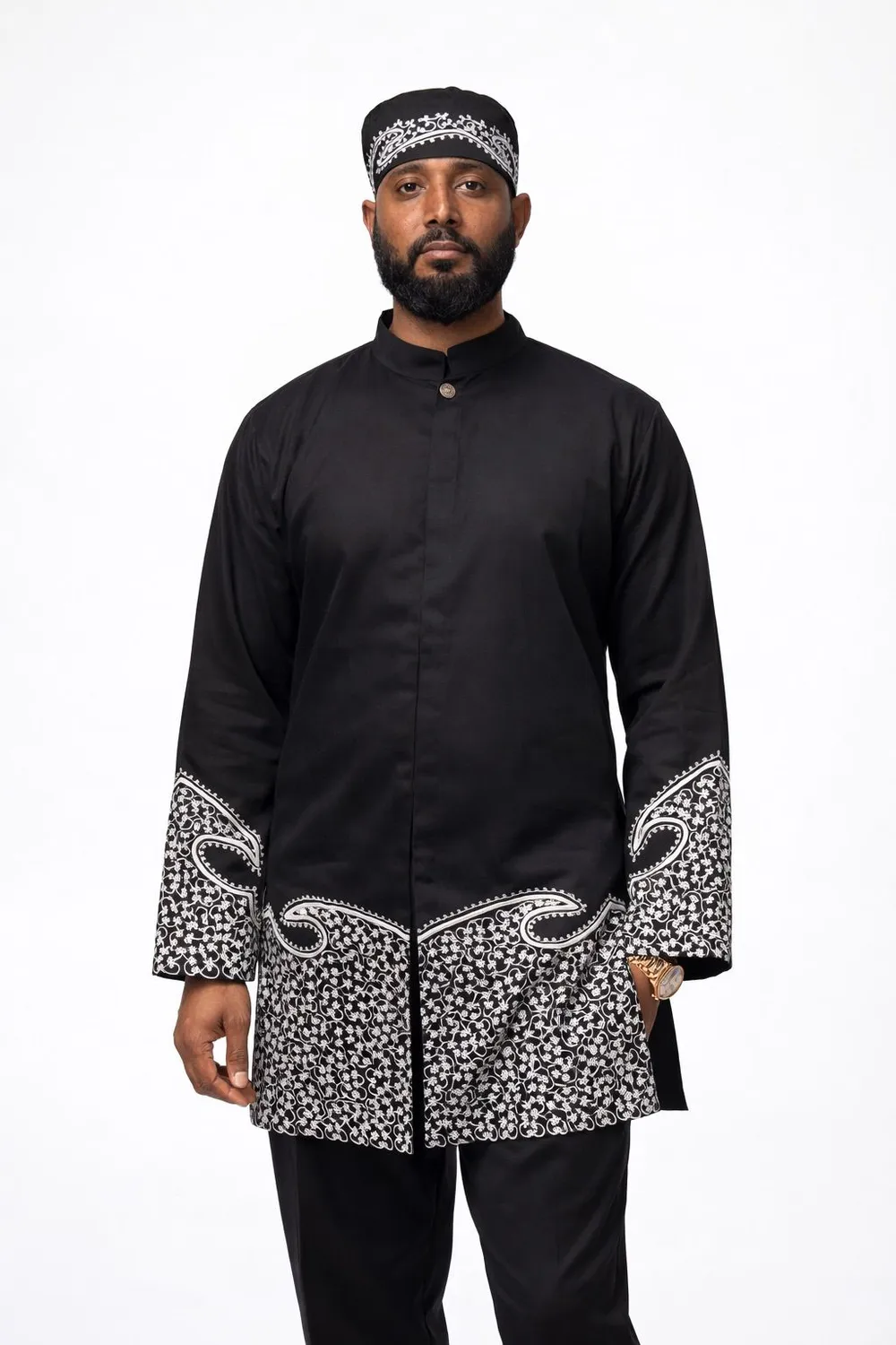 KAVAZI chemise brodée noire manches longues + kufi