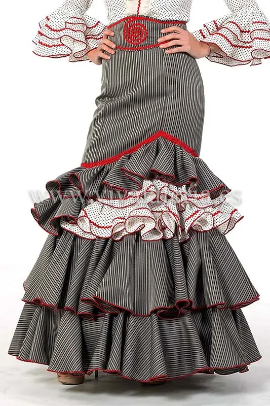 VIVA LA FERIA Peregrina jupe flamenca grise à rayures et dentelle