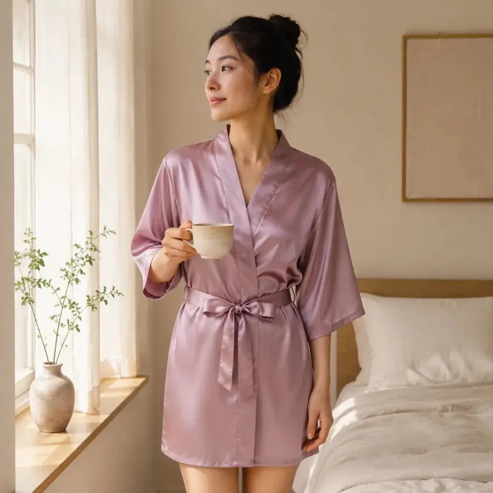 Esprit du Japon peignoir kimono satin femme ceinture nouée