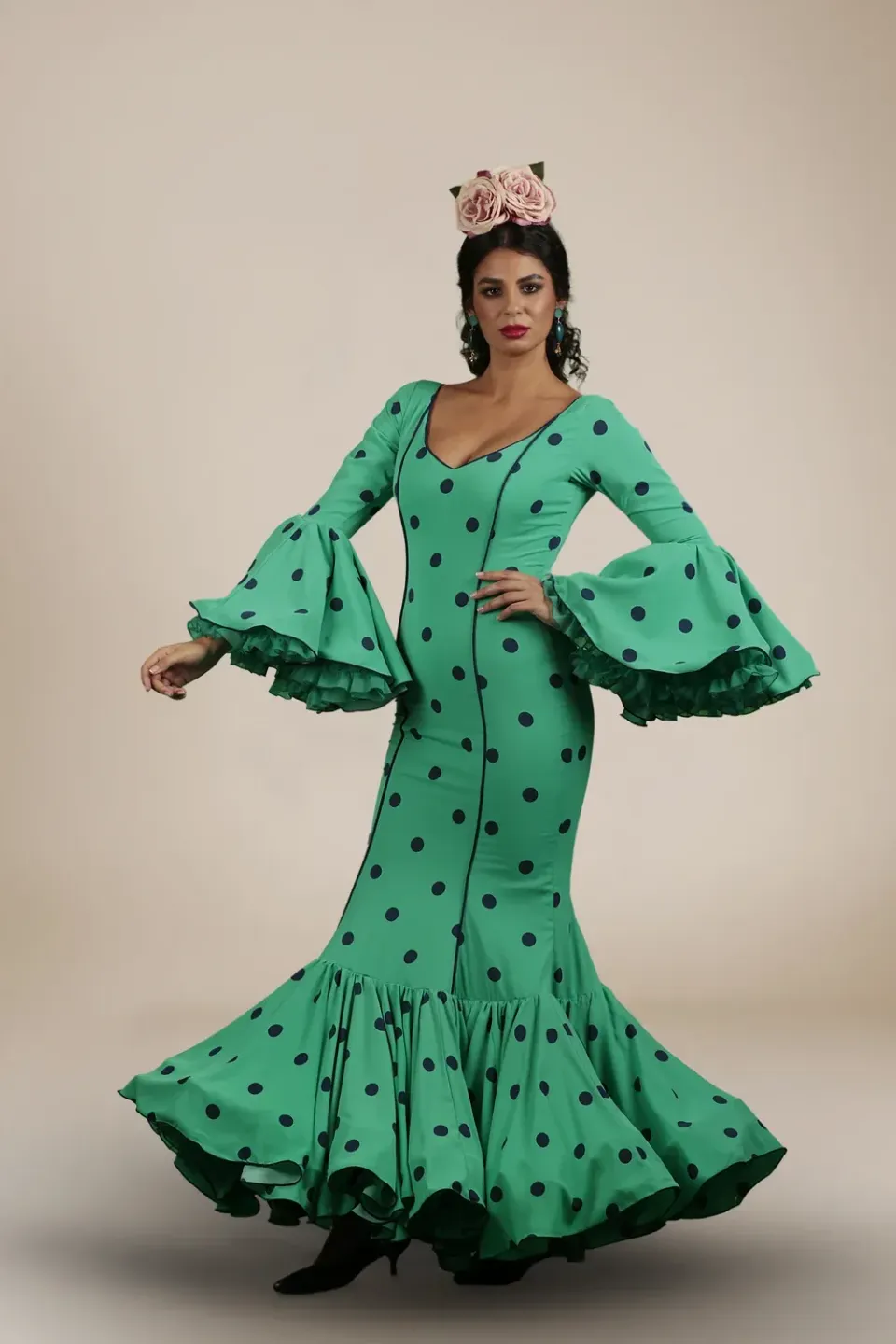 VIVA LA FERIA Modelo Verdiales robe flamenca vert d’eau à pois