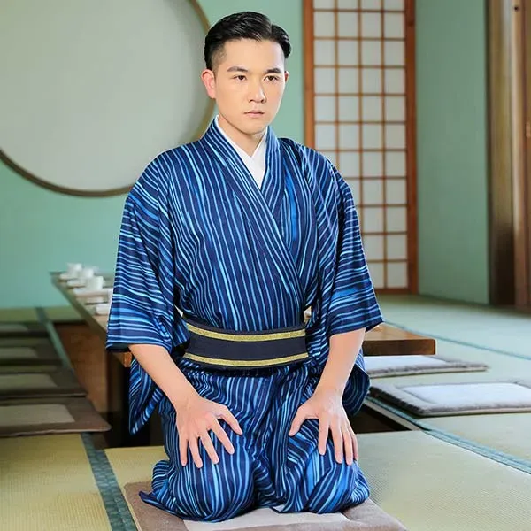 Esprit du Japon Kimono Homme Rayé Bleu Intense yukata coton