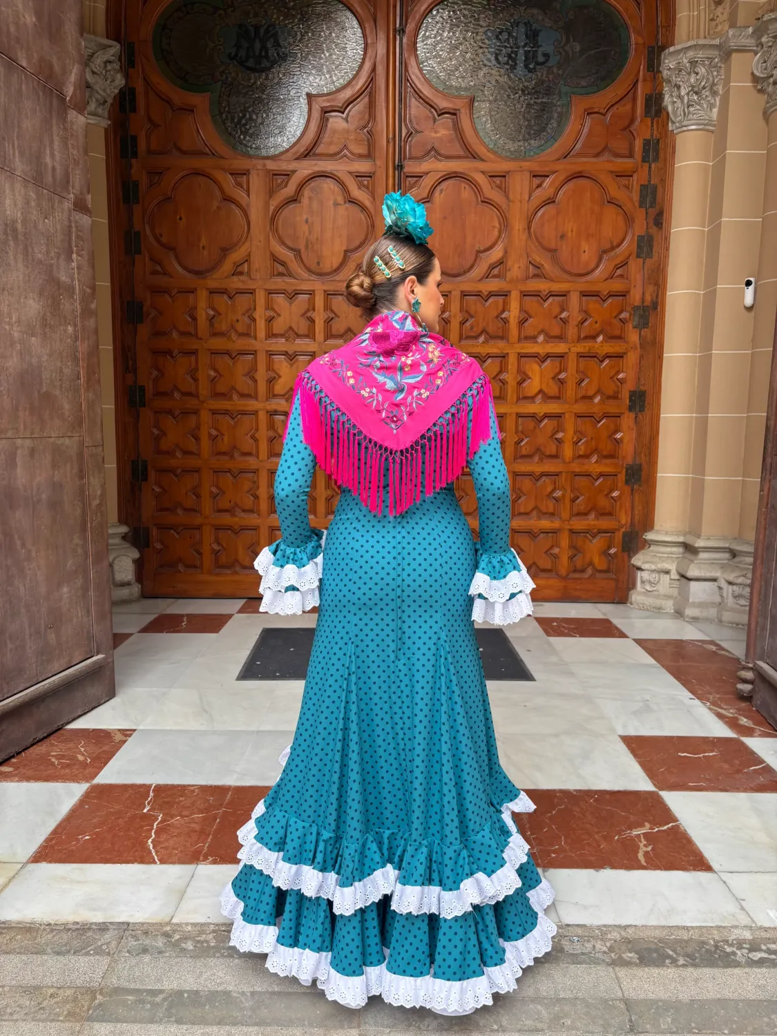 Viva La Feria Campanario robe flamenca bleu pétrole à pois