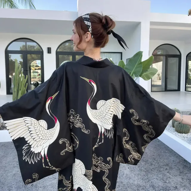Esprit du Japon Veste kimono ample motifs grues
