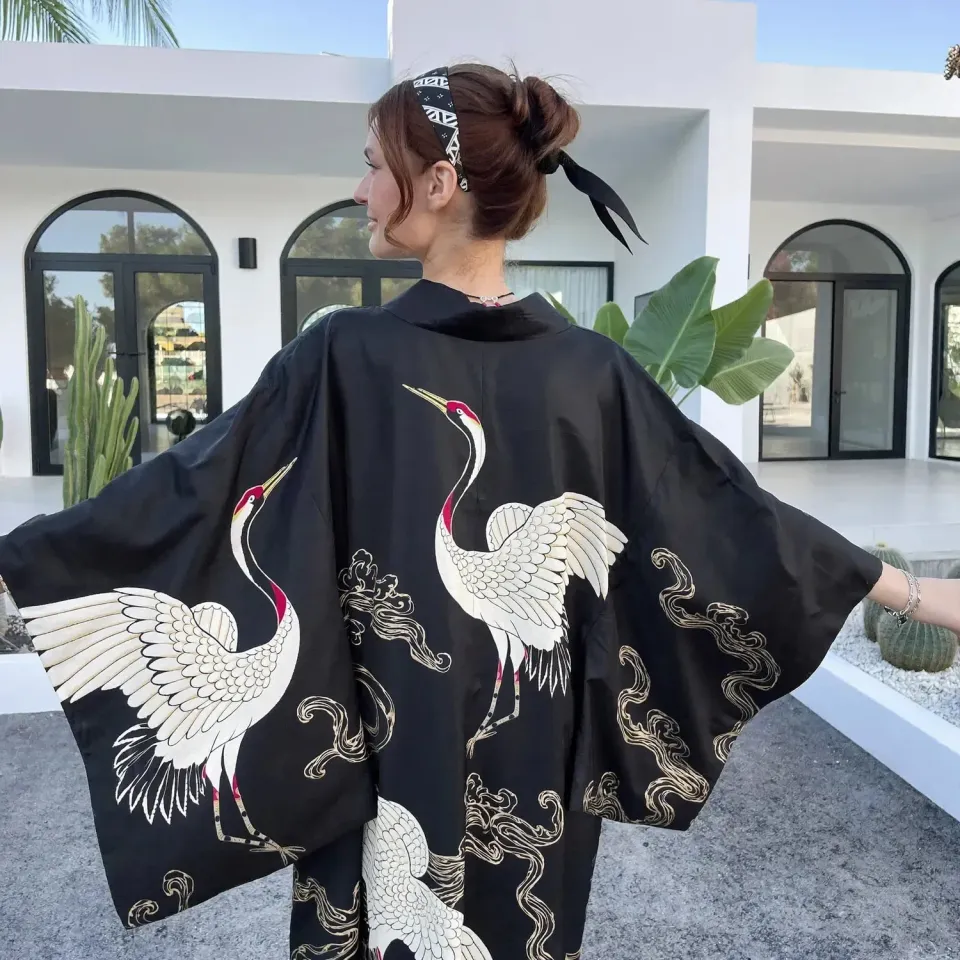 Esprit du Japon Veste kimono ample motifs grues