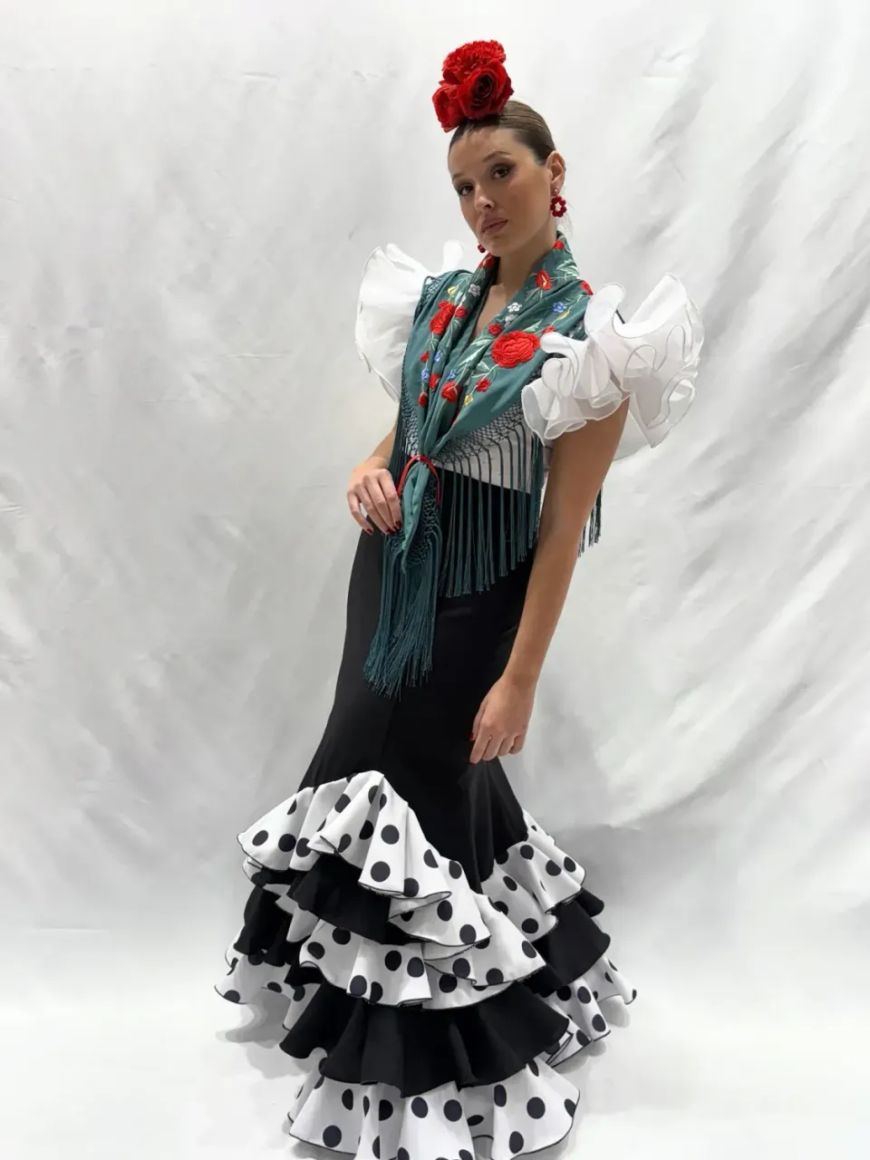 VIVA LA FERIA Dulce jupe flamenca noire à pois blancs