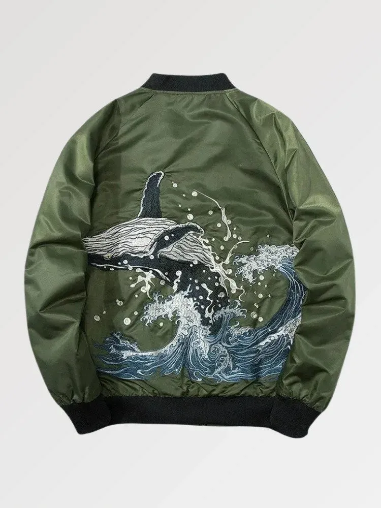 Japon style Bomber Japonais ‘wave X Whale’ veste brodée