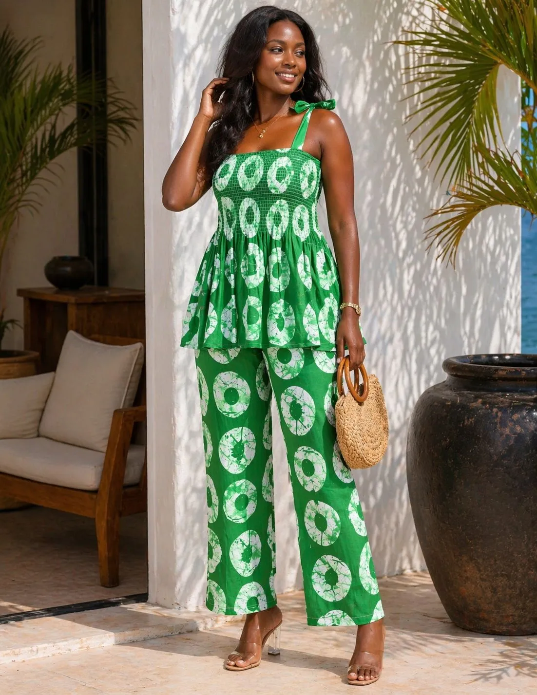 KAVAZI ensemble top peplum pantalon coton foulard