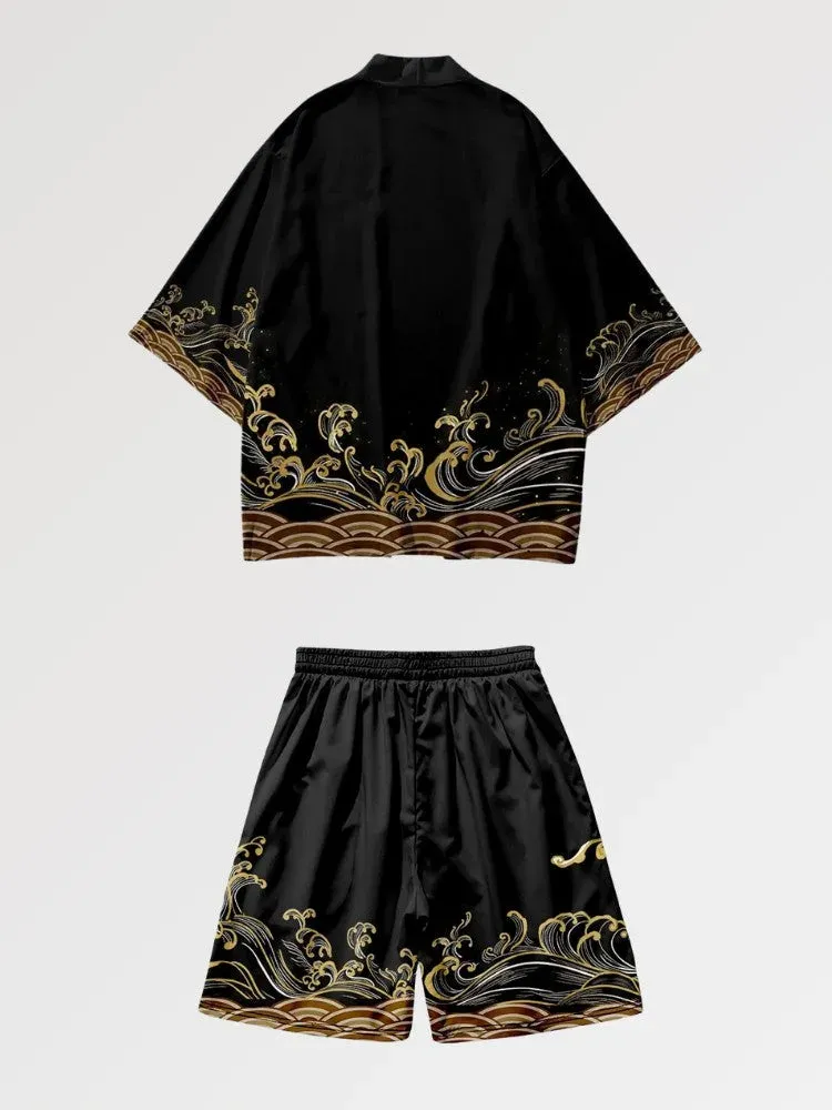 Japon style Gold Wave ensemble kimono vague dorée
