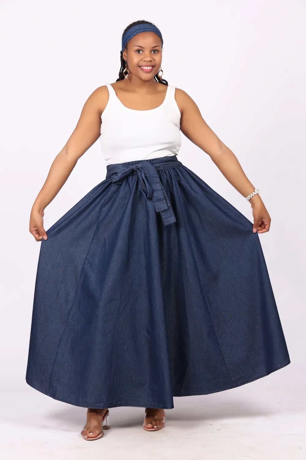 KAVAZI Denim Maxi Skirt jupe longue jean avec foulard