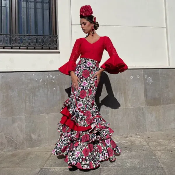 Viva la Feria Granada jupe flamenca fleurs crêpe
