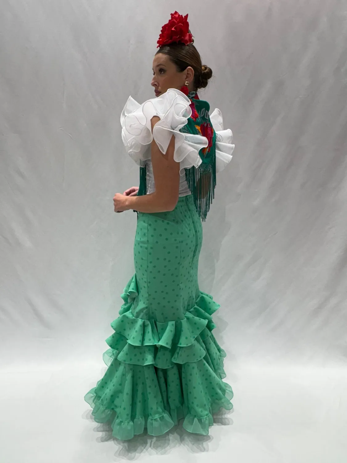 Viva la Feria Primor jupe flamenca verte à pois