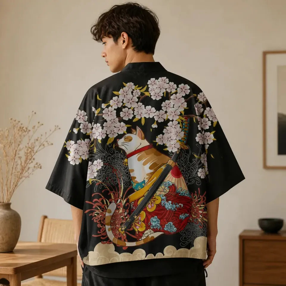 Esprit du Japon Veste kimono chat samouraï homme satinée