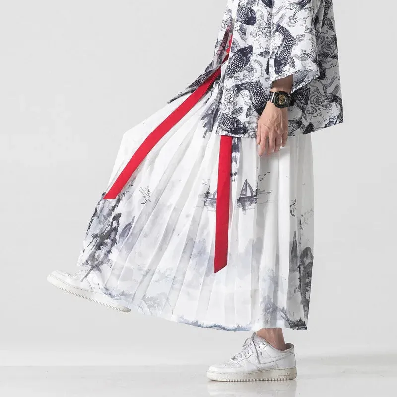 Esprit du Japon Jupe plissée blanche motif encre en lin