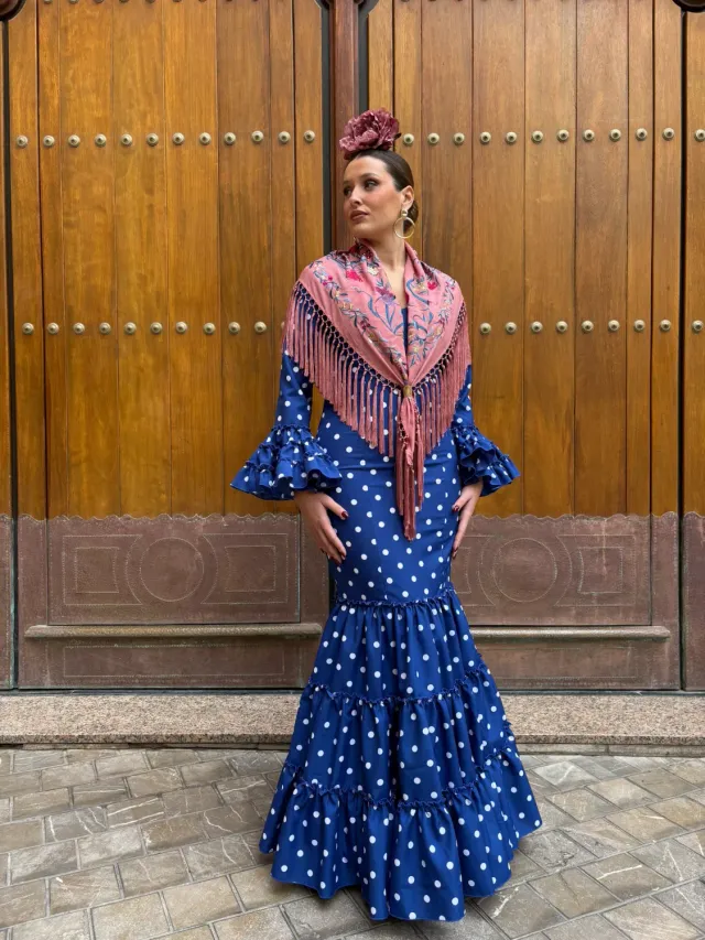 Viva La Feria Vanesa robe gitane canastero pois bleu royal
