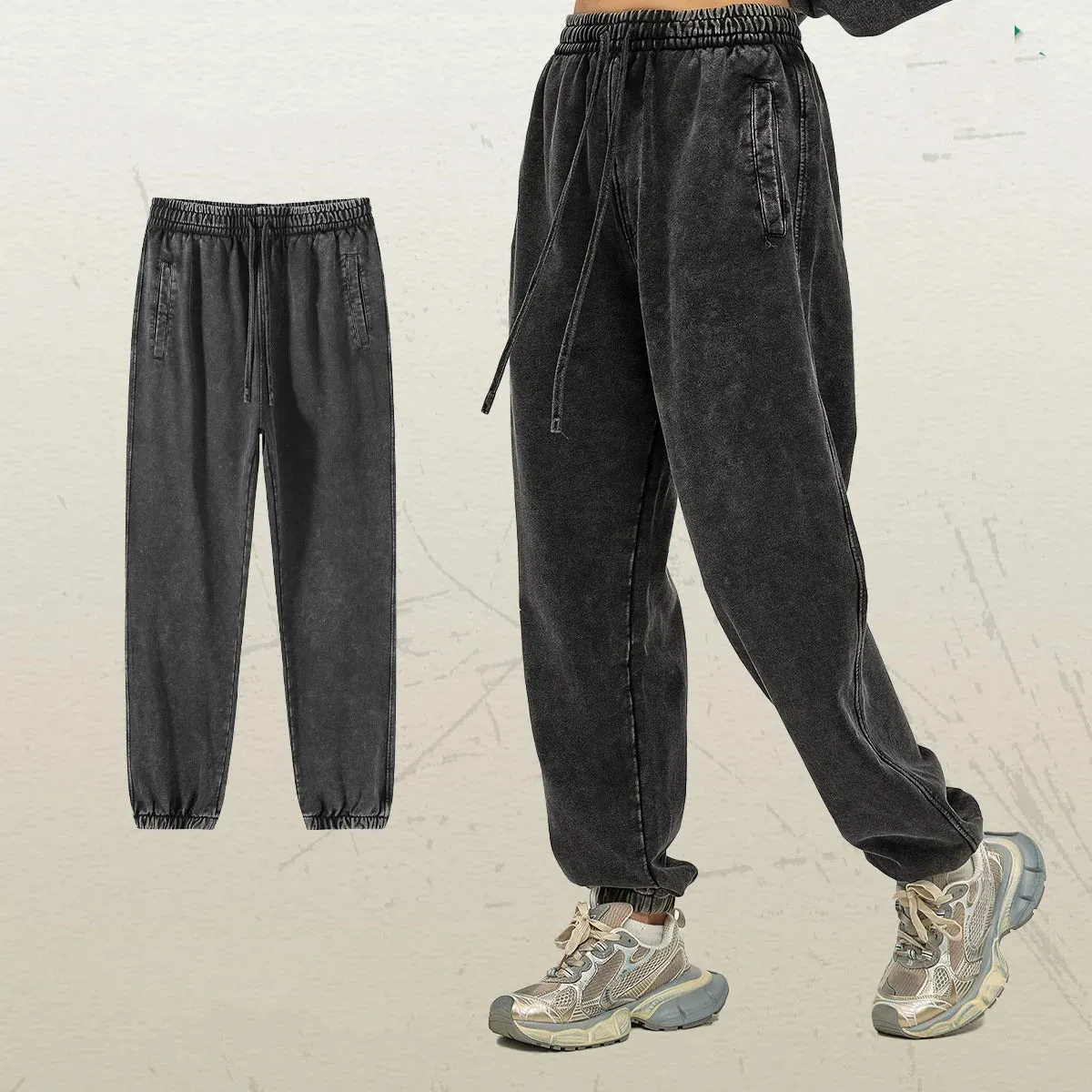 Esprit du Japon Pantalon Délavé Ample Rétro Coton