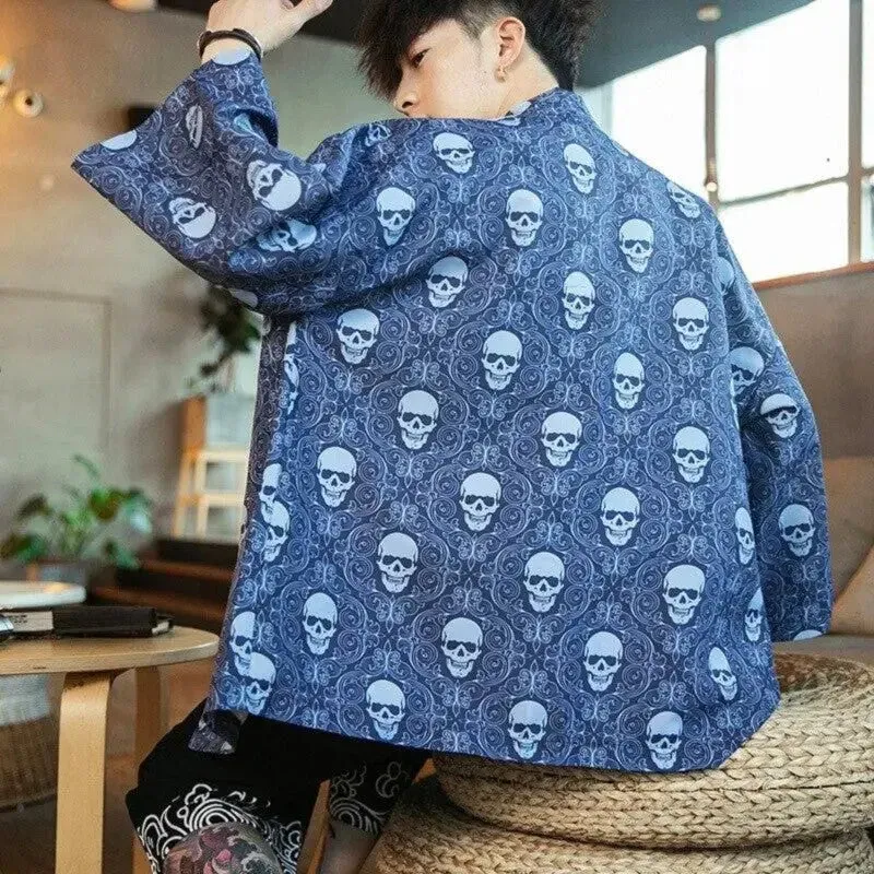 Japon style Kaïto cardigan tête de mort Bleu manches 3/4