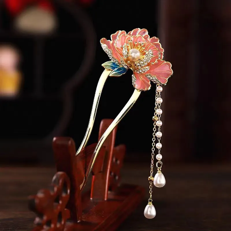 Esprit du Japon Épingle Cheveux Pivoine Perles Métal