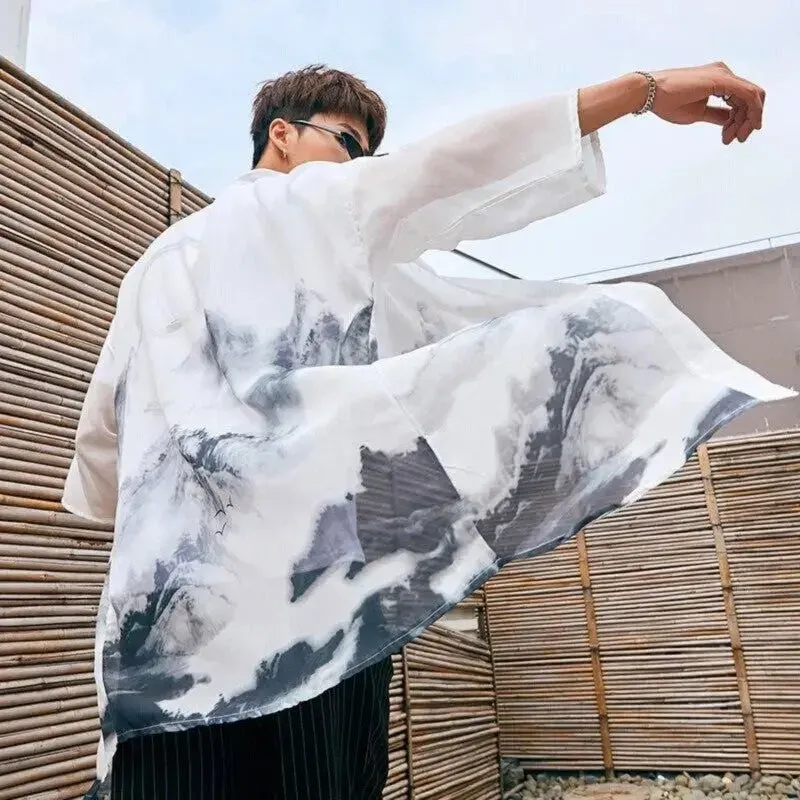 Japon style kazuko veste kimono longue noir et blanc