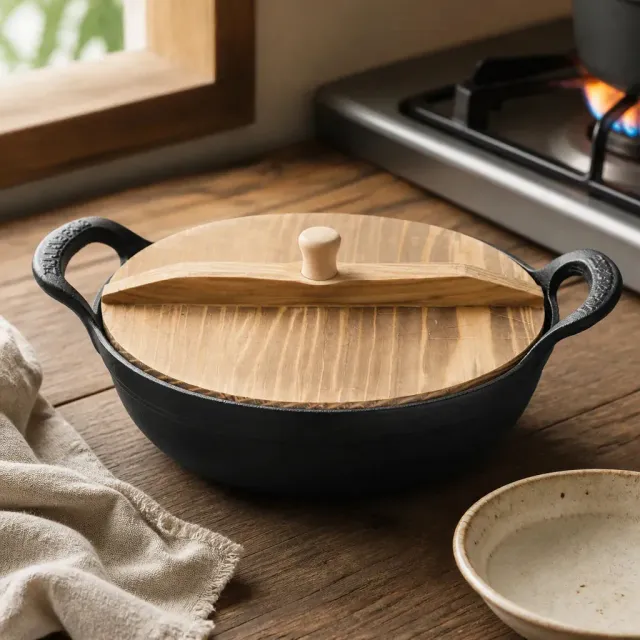 Esprit du Japon marmite fonte façon wok couvercle bois