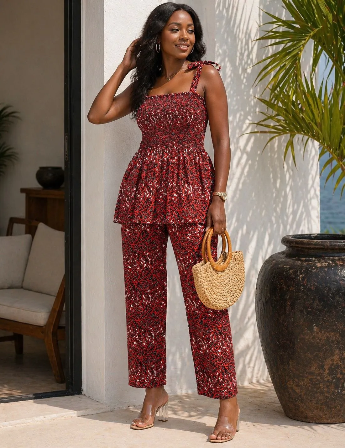 KAVAZI ensemble top peplum pantalon coton foulard