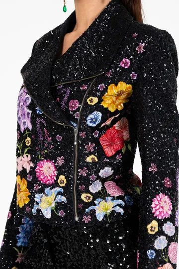 Rahul Mishra Valley of Flowers veste motard satin noire