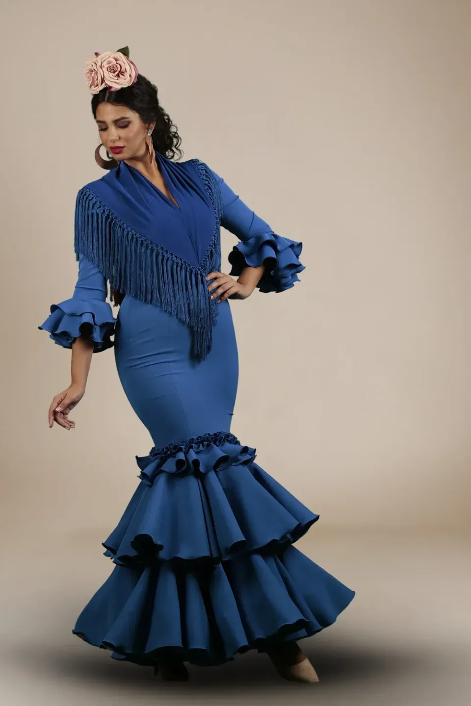 Viva La Feria Palacio robe flamenca bleu klein volants col V