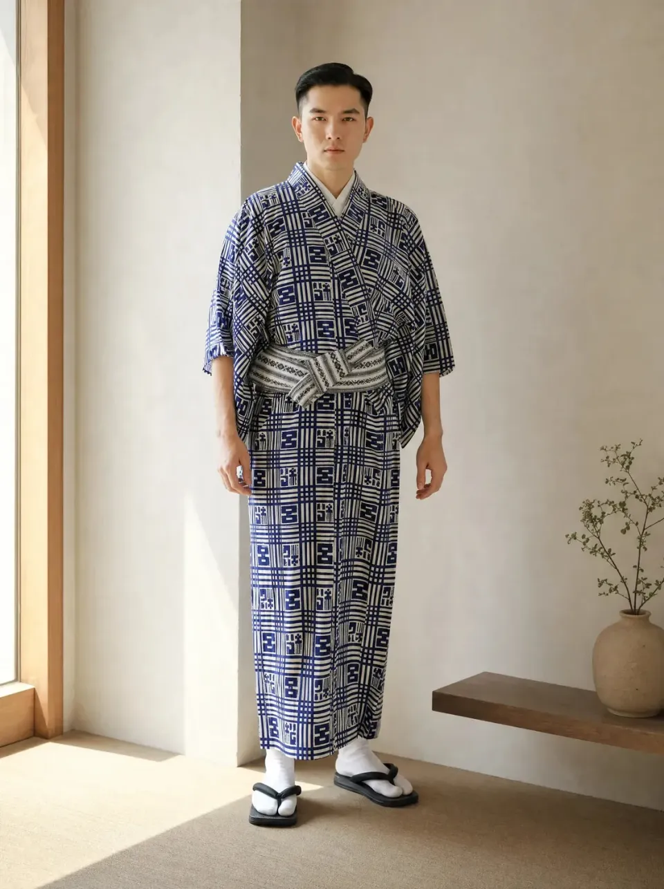 Esprit du Japon kimono homme motif quadrillage yukata bleu