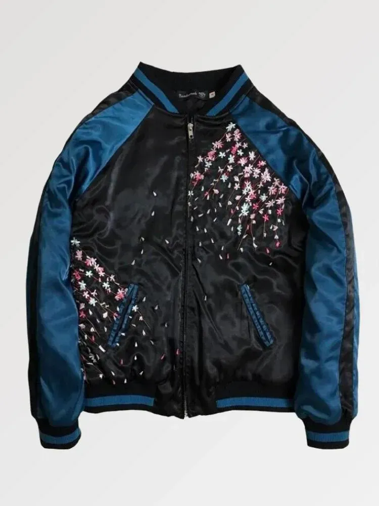 Japon style Sukajan Nami ‘sakura X Koi’ bomber japonais brodé