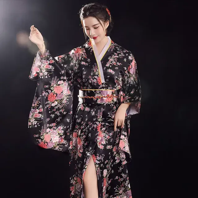 Japon style Style B robe japonaise noire fleurs roses taille unique
