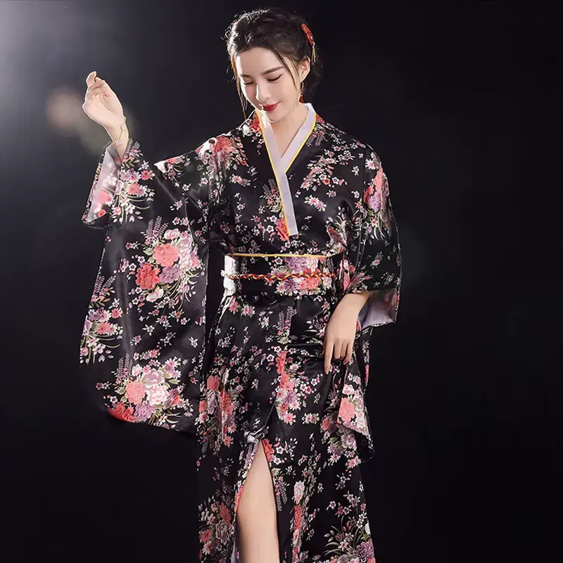 Japon style Style B robe japonaise noire fleurs roses taille unique