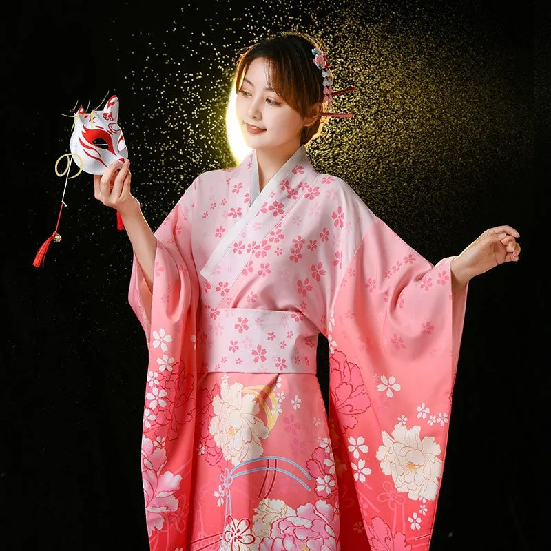 Esprit du Japon robe kimono longue satinée fleurie col V