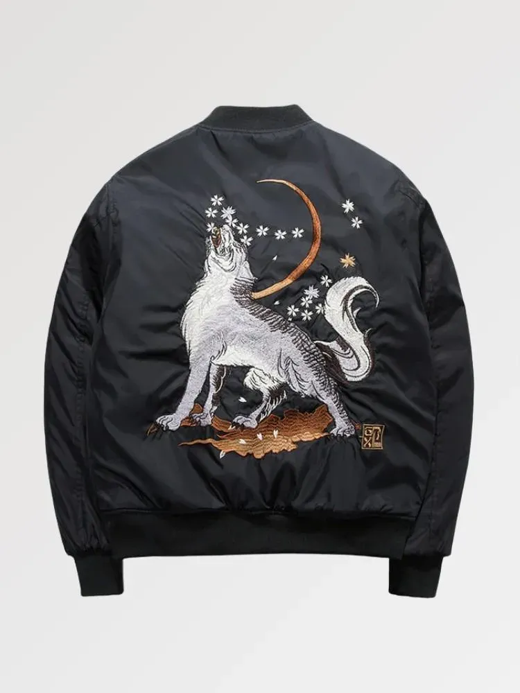Japon style Souvenir bomber ‘kitsune Embroidery’ noir coton